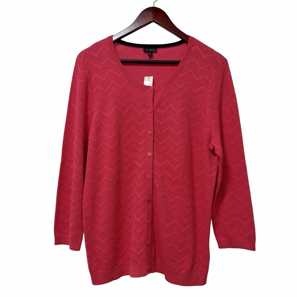 Talbots Textured Button Down 3/4 Sleeve Cardigan Size L Pink Office Career NEW